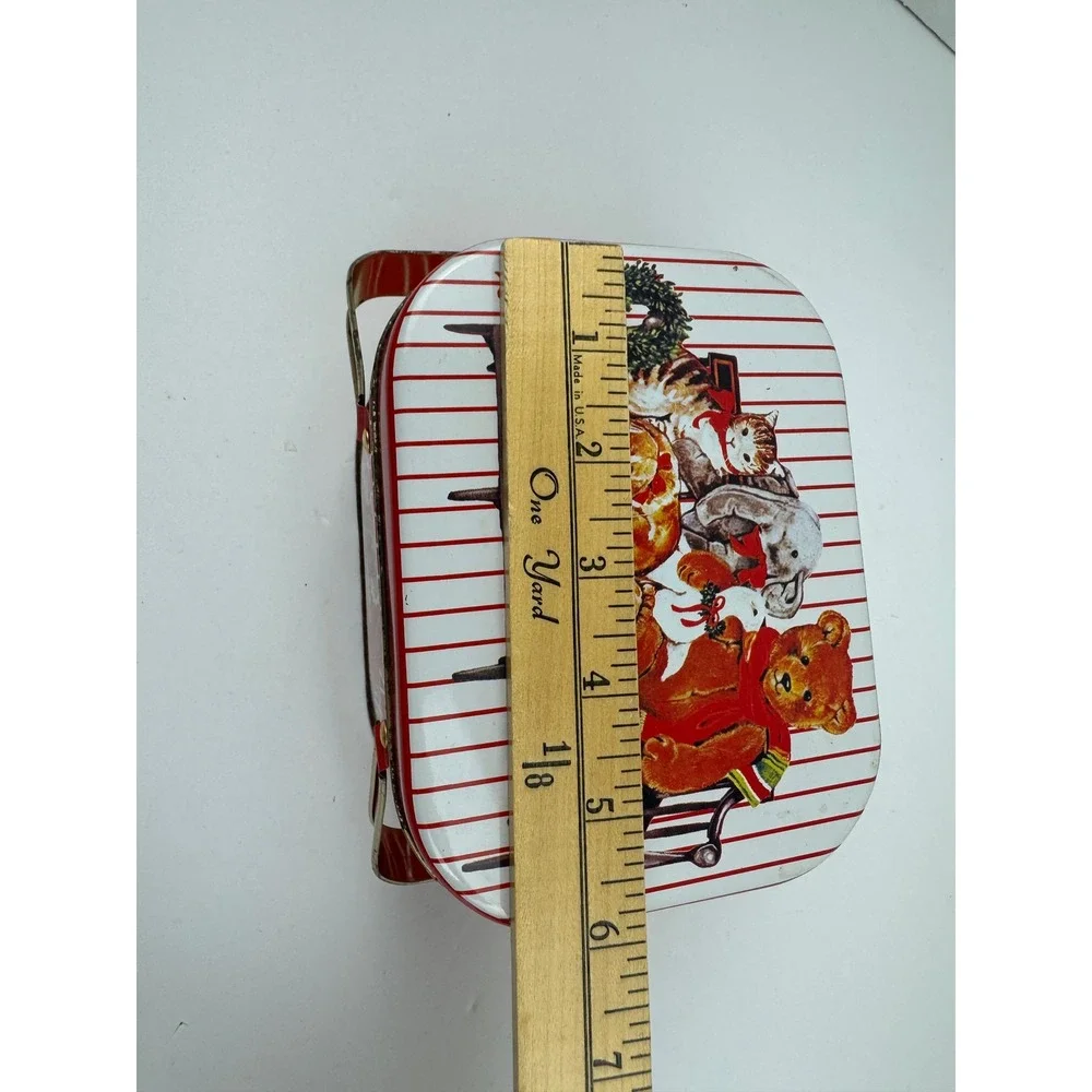 Vintage Christmas Holiday Tin Teddy Bear Cat Dog Picnic Basket Style Red White